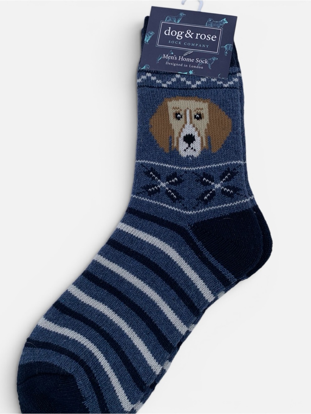 New Dog & Rose Men's Navy Blue Striped Dog Knit Socks Beagle